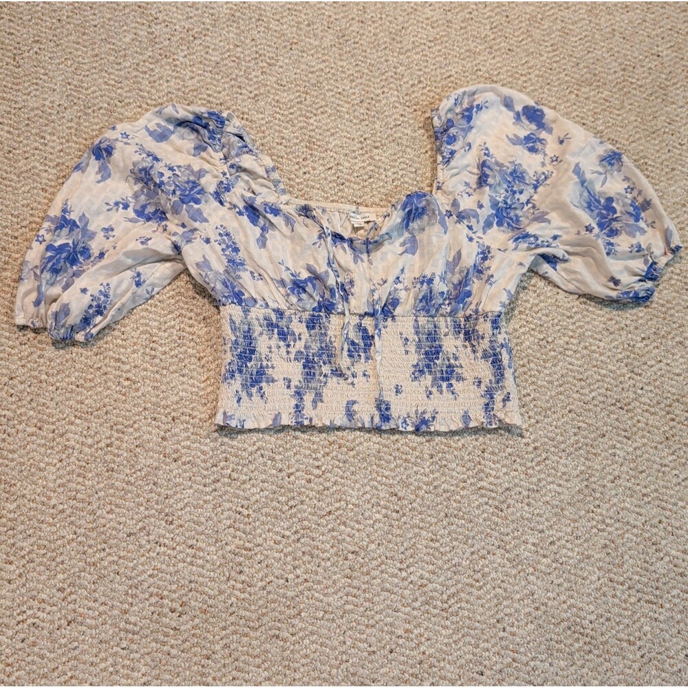 American Eagle Smocked Milkmaid Top Womens Large Blue Floral Cottage Puff Sleeve